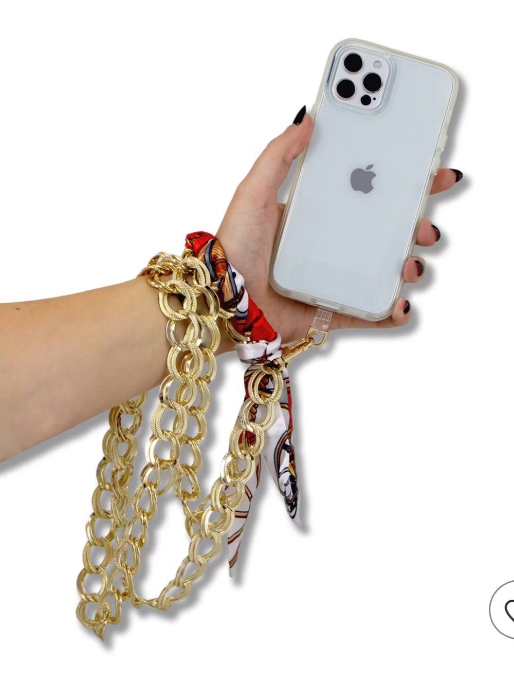 Gold Chain & Red Patterned Scarf Phone Strap - Women Accessories
